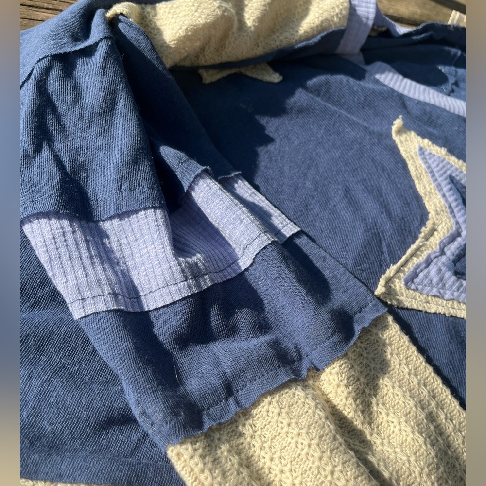 POL Sweater Womens Med Blue & Cream Patchwork Stars Boutique Long Sleeve Top - Picture 8 of 11